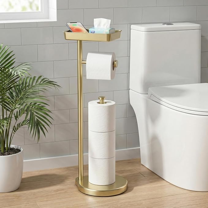 theaoo Toilet Paper Holder Stand with Shelf, Flushable Wipes Dispenser, Free Standing Toilet Tissue Roll Storage Rack Organizer for Bathroom (Gold, Free Standing - with Storage)
