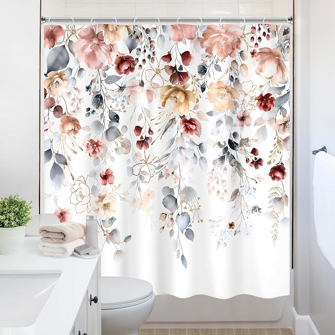 Floral Coral Pink Colorful Blue Eucalyptus Bathroom Shower Curtain Set | 72"W x 72"L Flower Leaves design with waterproof HD artwork, quick-dry fabric and hooks for easy hanging.