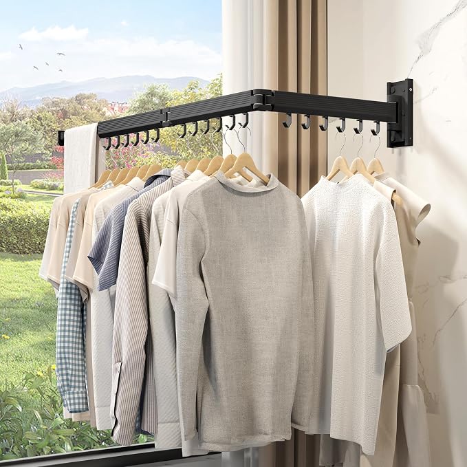 Wall Mounted Tri-Fold Clothes Drying Rack, Heavy Duty Collapsible Laundry Drying Rack, Space-Saving Retractable Foldable Drying Rack Clothes for Laundry Room Balcony Bathroom,Black-Hooks
