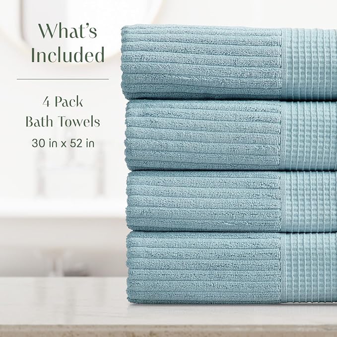 100% Cotton Bath Towel Set | 4-Pack | Textured | Aegean | Absorbent & Quick-Dry Bathroom Towels | Textured and Durable Cotton Towels for Bathroom | OEKO-TEX | Krista Collection