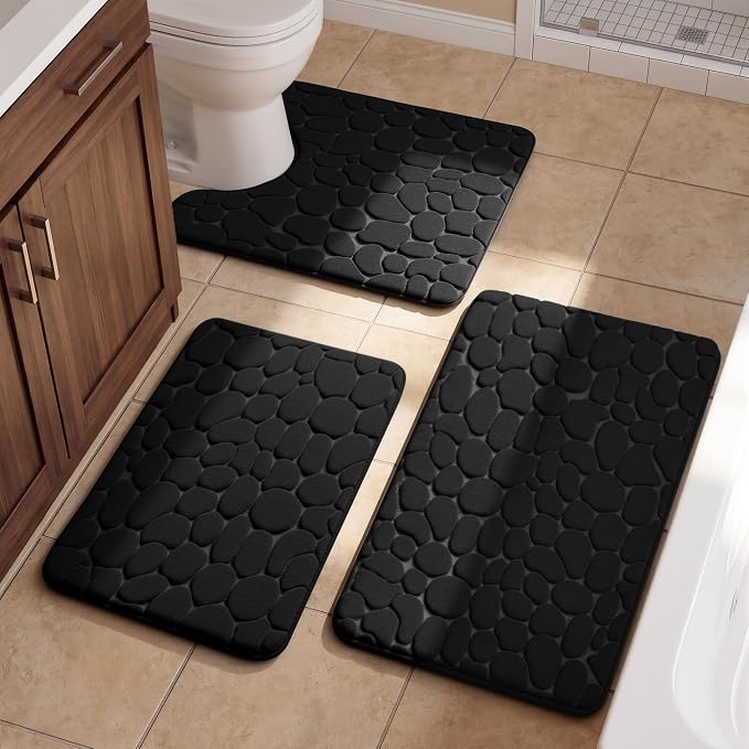 Bathroom Rugs Mat Set, Memory Foam Bath Mat 3 Piece Black | U Shape+Small Mat, Non Slip, Water Absorbent, Washable, Bath Mat For Bathroom, Sink and Toilet