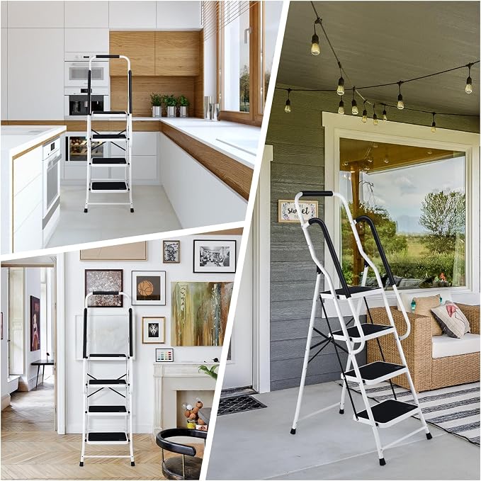 Step Ladder 4 Step Folding with Handrails, Folding Step Stool with Wide Anti-Slip Pedal, Sturdy Steel Portable Ladder, Lightweight Step Stool Foldable for Library Home Garage Office