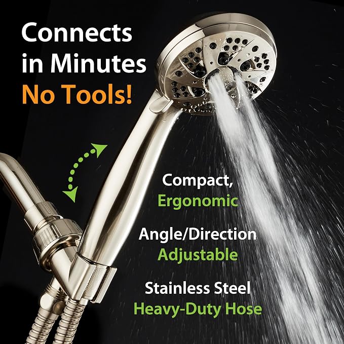 AquaDance High Pressure 6-Setting Full Brushed Nickel Handheld Shower Head with Stainless Steel Hose. Officially Independently Tested to Meet Strict US Quality & Performance Standards! | Anti-clog Jets, Premium Stainless Steel Hose & Adjustable Bracket...