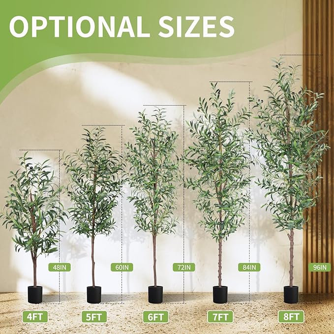 Artificial Olive Tree 8FT Tall Faux Olive Tree Fake Potted Silk Plant | 96in Trunk and Realistic 1574 Leaves and 48 Fruits for Modern Office Home Decor Indoor（1pack）