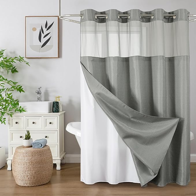 Colorful Star Waffle Weave No Hook Shower Curtain Set, 72 x 81 Inch, Grey | Heavy Duty Thick Shower Curtain Sets with Snap in Fabric Liner and Mesh Top Window, Hotel Style Waterproof Bathroom Curtain