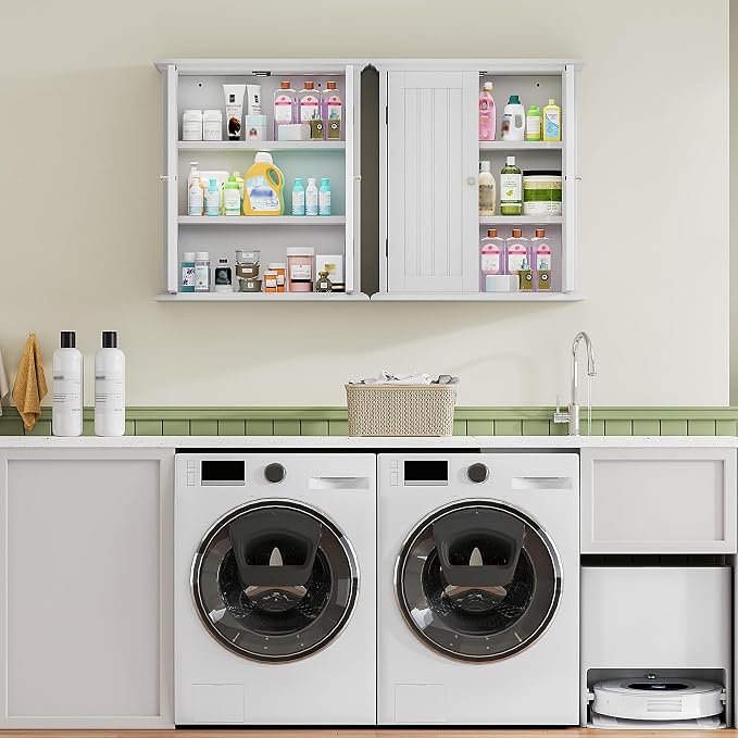 ChooChoo Bathroom Wall Cabinet Set of 2, Over The Toilet | 8.8"D x 21.1"W x 24"H, Medicine Cabinet, 2 Door and Adjustable Shelves, Cupboard, White