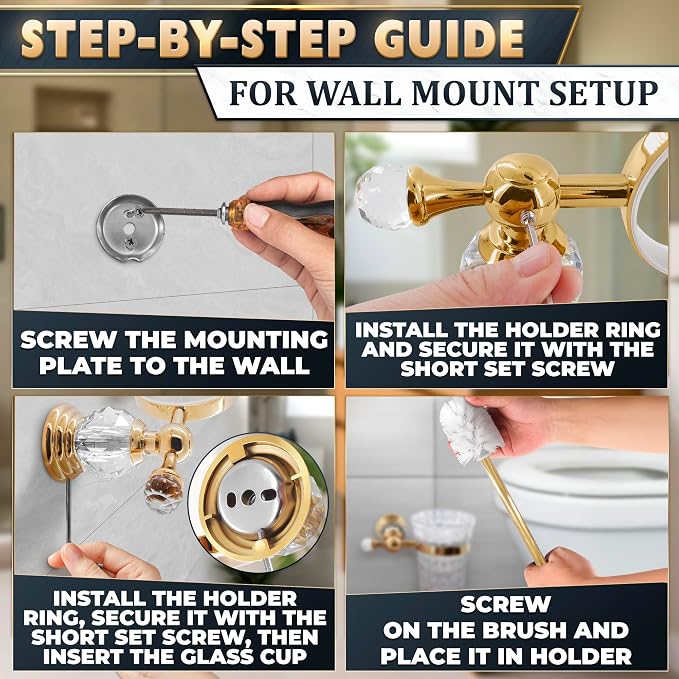 Wall-Mounted Toilet Brush and Holder Set, Clear Bowl (Gold Crystal) | Toilet Bowl Brush and Holder Set, Polished Gold Handle, Space-Saving Wall Mount, Stainless Steel Body, for Elegant Bathrooms