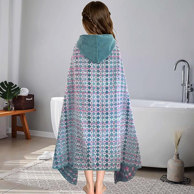 VOOVA & MOVAS Big Kids Hooded Bath Wrap, 8+, 100% Cotton,Pink White Lattice | Diamond Lattice Pattern, Soft, Absorbent & Fast Drying, Perfect for Bath and Outdoor Water Play