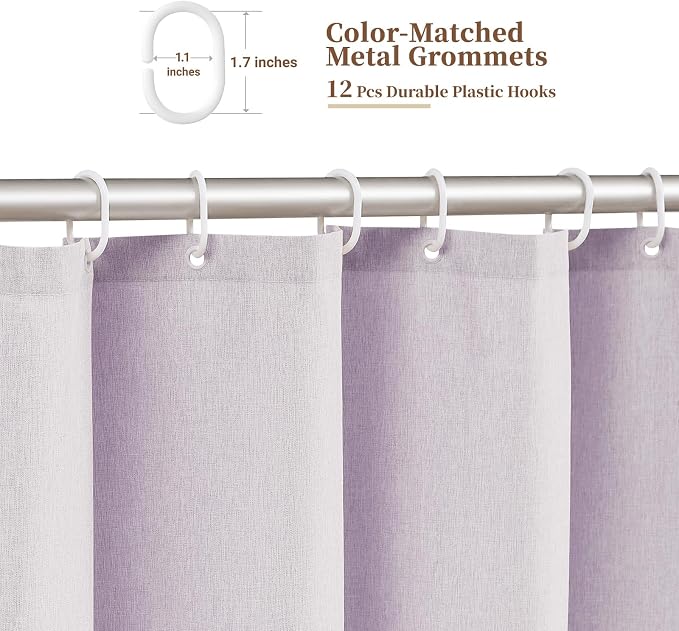 72x90 Boho Scalloped Linen Textured Cloth Shower Curtain Set, Lavender | Long Size, 230GSM Waterproof Polyester, Heavy Duty Fabric, 12 Plastic Hooks, Elegant Modern Farmhouse Style, Machine Washable