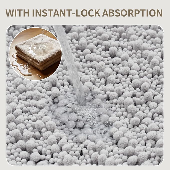 Bathroom Rugs Non Slip Washable, Extra Thick Soft Chenille Absorbent Bath Mat, High Density Barrier Non Slip Backing, Quick Dry Plush Shaggy Floor Carpet for Tub&Shower 24x17, Silver