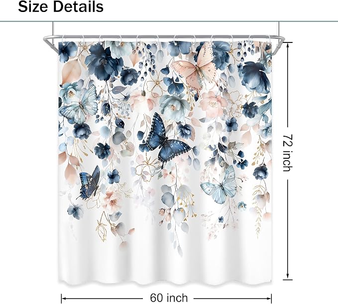Blue Pink Floral Butterfly Spring Summer Bathroom Shower Curtain Set | 60"W x 72"L Plant Natural look, waterproof HD printed shower curtain, quick-dry fabric and free hooks.