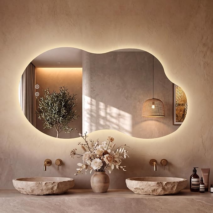 48''x26'' Lighted Mirrors for Bathroom Wall Backlit, Cloud LED Bathroom Mirror Frameless with Lights Anti Fog, Dimmable, 3 Colors,Tempered Glass, Shatter-Proof
