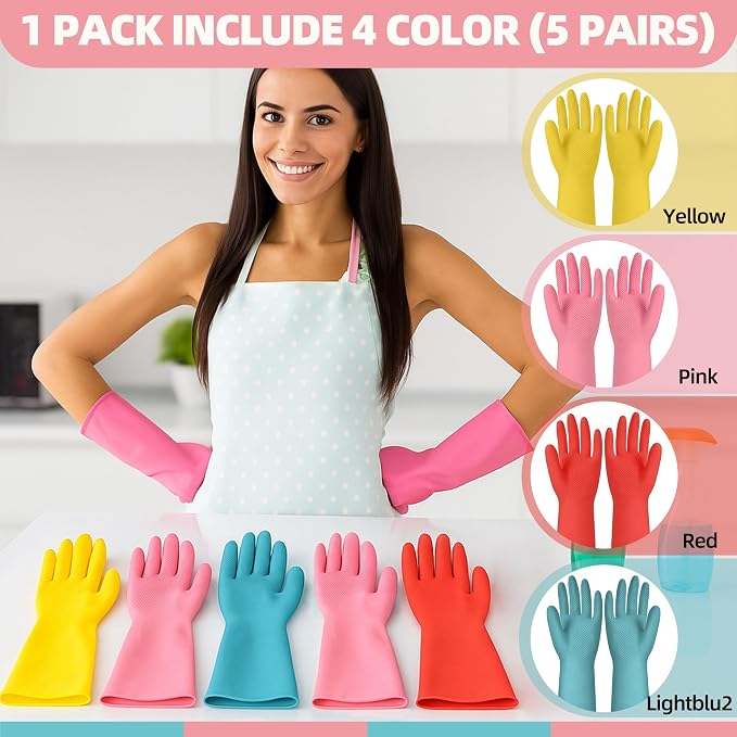 Xgunion Rubber Cleaning Gloves 5 Pairs Non-Slip Reusable (M) | Colorful Household Dishwashing Gloves for Kitchen Cleaning, Women Men
