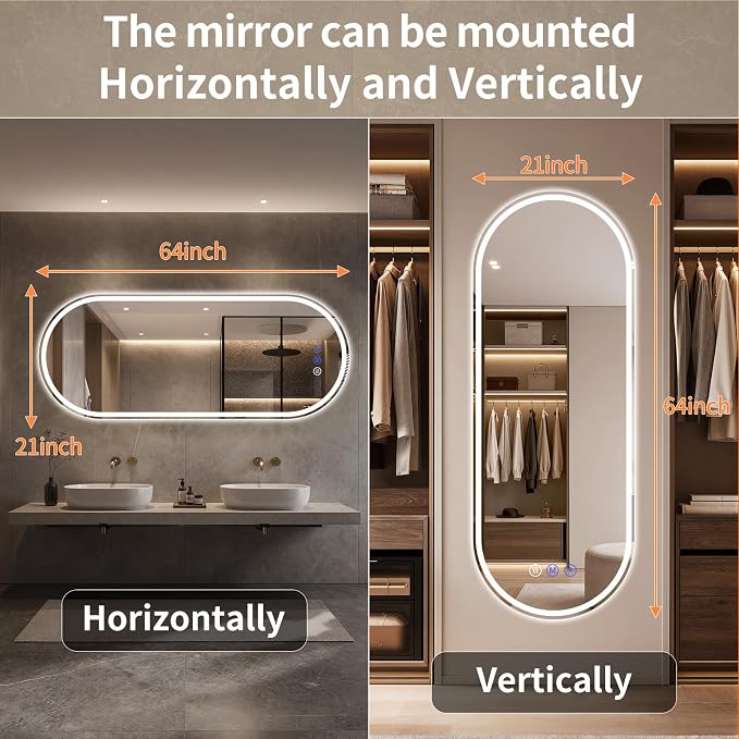 Oval LED Bathroom Mirror, 24"x 50" Led Full Length Mirror | Frameless Large LED Mirror with Front Light & Backlit, Anti-Fog, Dimmable Wall Mounted Lighted Mirror, Smart Bathroom Mirror