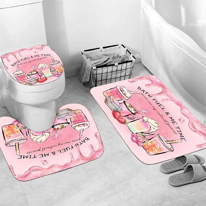 LQCOOL Pink Shower Curtain Set with Rugs,Waterproof Bathroom Sets Pink Shower Curtain with 12 Hooks for Bathroom Decor,Toilet Lid Cover & U-Shaped Mat | Sweet and Pink,Waterproof Polyester & Soft Flannel.12 Hooks, Toilet Lid Cover & U-Shaped Mat for Mo...