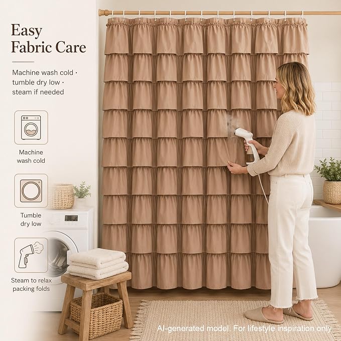 Ruffle Shower Curtain, Light Brown Farmhouse Design for Girl, Elegant Privacy & Cute, Boho Bathroom Decor, Decorative Bath Curtains, Vintage Beige, Modern Country Style, 36 x 72 inches