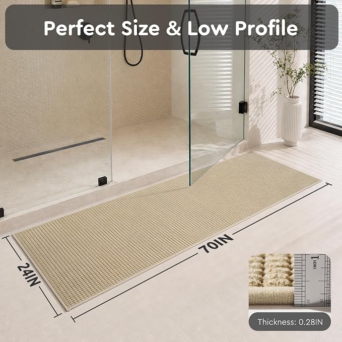 tchdio Bathroom Runner Rug, Absorbent Washable Thin Bath Mat, Non Slip Quick Dry Bath Rugs with Solid Rubber Backing, Low Profile Bath Mat, Beige, 24" x 70"