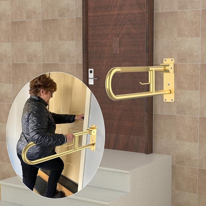 Toilet Grab Bar 32 Inch, YuanDe Flip Up Grab Bar with Paper Holder | Brushed Gold Anti-Slip Safety Bars for Toilet, Stainless Steel Knurled Toilet Handles for Seniors Disabled Elderly Pregnant