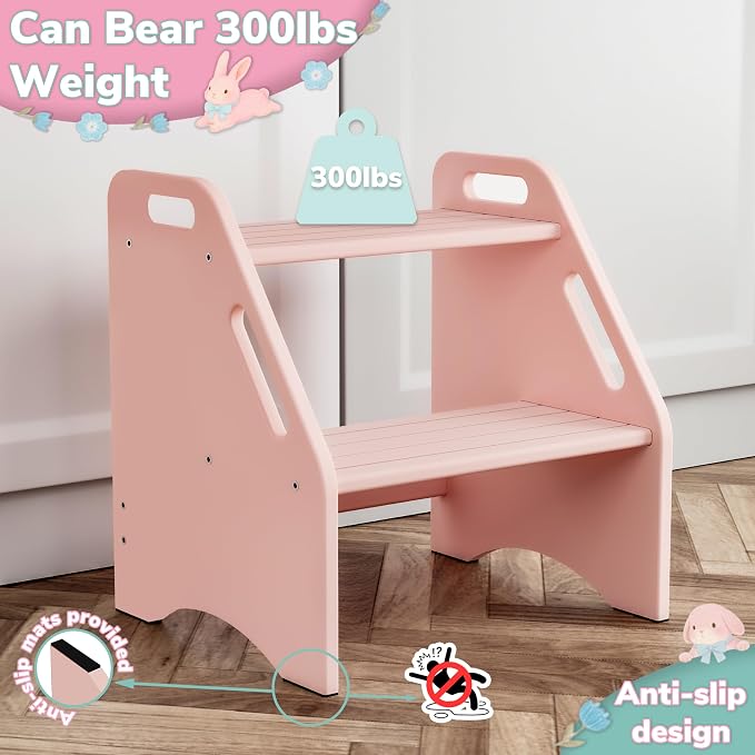 AMBIRD Wooden Kids Step Stool, 15.75'' H Potty Training Toddler 300 lbs Capacity with Safety Non-Slip Pads and Handles, Kitchen Step Stools for Kids, Bamboo Step Stool for Bathroom, High Beds (Pink)