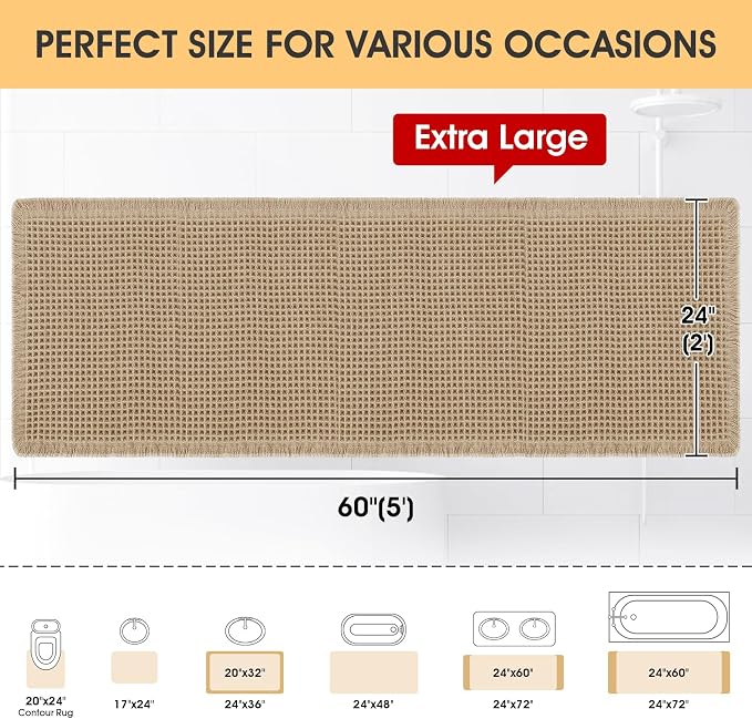 Waffle Bath Mat Beige 5'x2', Boho Woven Modern Bath Mat Rugs, Absorbent Non Slip Bathroom Rugs, Soft Washable Bath Rugs with Tassels for Bathroom, Bedroom, Kitchen, Shower, Tub