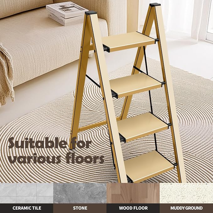 Taranta 4 Step Stool Foldable,Aluminum Step Ladder-Gold | Lightweight,Wide Anti-Slip Pedals,Folding Step Stool,330lbs Capacity Stepladder for Household,Kitchen,Office