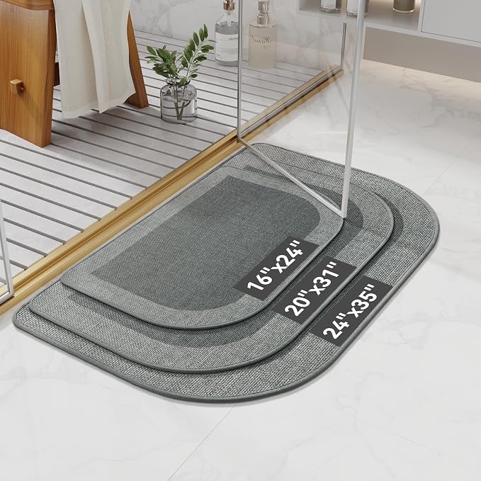 Half Circle Bath Mat, Thin Bathroom Rugs Fit Under Door, Grey 20x31 | Non Slip, Quick Dry Absorbent, Rubber Backing Washable, Semi Circle Bathmat for Bathroom Floor, Tub and Shower, Home Decor