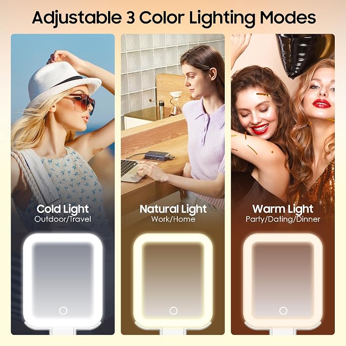 Travel Makeup Mirror with Lights, Double-Sided 1X/30X Magnifying Mirror, 3 Color Lighting & Brightness Adjustable, Portable &Foldable Handheld Mirror with Lights(White)