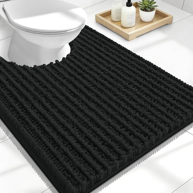 OLANLY U-Shaped Toilet Rug 24x20, Thick Soft Absorbent Chenille Contour Rug | Black, Shaggy Bathroom Mat with Non-Slip Rubber Backing, Quick-Drying, Machine Washable for Toilet, Home Decor Accessories