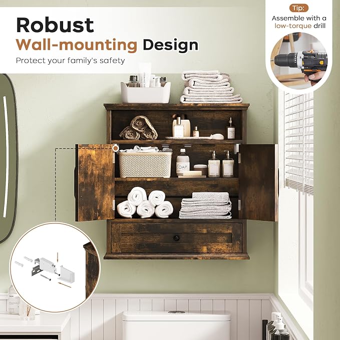 Bathroom Wall Cabinet, Wall Mounted Medicine Cabinet 24.4"H x 23.6"W x 9"D | With Drawer, Barn Doors & Adjustable Shelf, Rustic Brown Over Toilet Farmhouse Cabinet for Kitchen, Laundry Room, Entryway