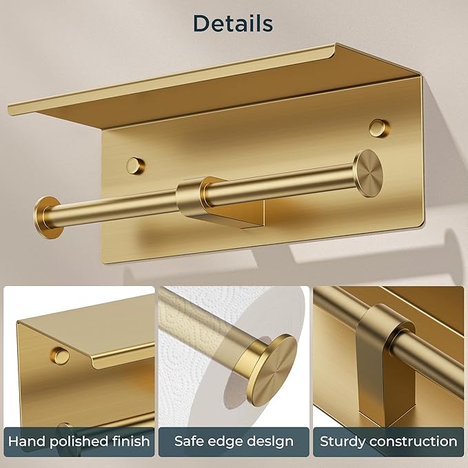 FORIOUS Toilet Paper Holder with Shelf, Commercial Toilet Paper Dispensers | Brushed Gold | Wall Mount Bathroom Tissue Holder | SUS304 Stainless Steel Rustproof | Double Tissue Roll Holder