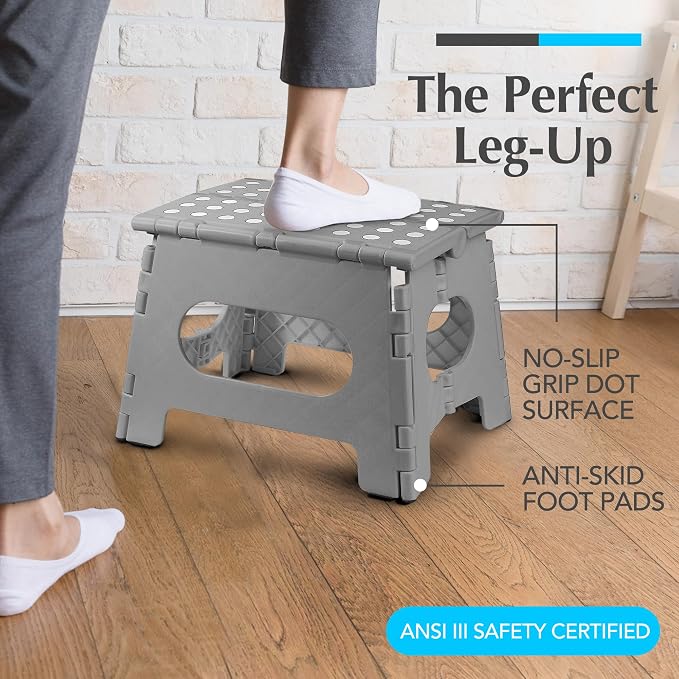 Handy Laundry Folding Step Stool 8 Inch, Gray, Non-Slip Holds 300 lbs | 8 Inch, Gray, Foldable Collapsible Step Stool, Non-Slip, Holds 300 lbs, Kitchen Bathroom Bedroom, Adults