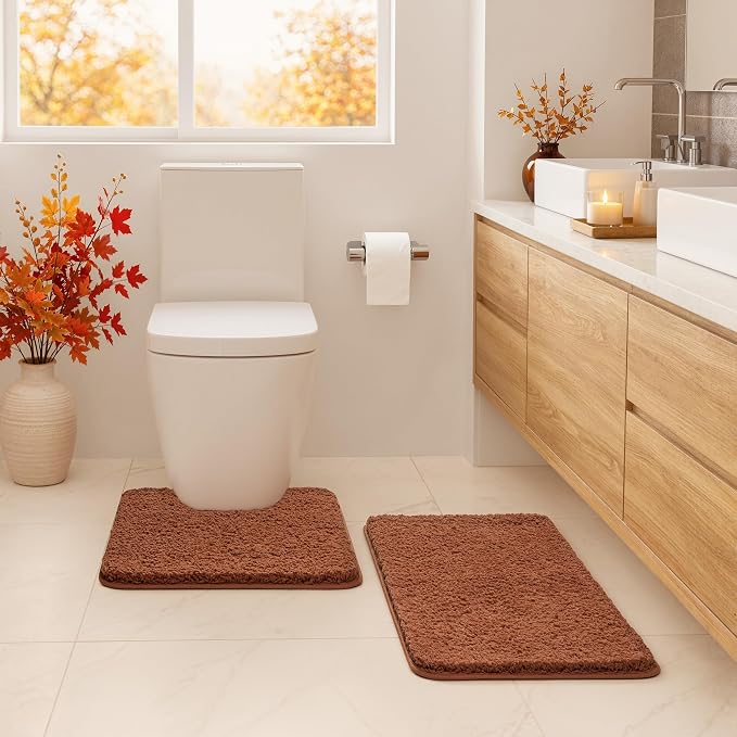 MIULEE Fall Burnt Orange Microfiber Toilet Bath Rug U-Shaped Contour 20x20 | Absorbent, Non Slip, Quick Dry, Fluffy Bath Rugs for Bathroom Floor Tub Showers, Machine Washable
