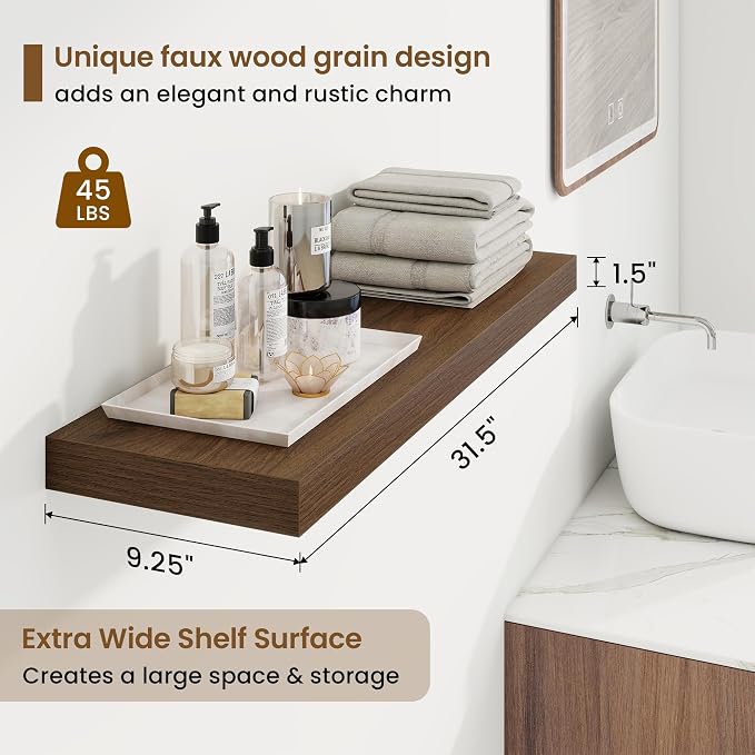 Marsmiles 9.25in Depth 32in Floating Shelves, 32x9.25x1.4, Walnut, Set of 2 | Wall Mounted Engineered Wood Shelves, Invisible Brackets for Living Room, Bedroom, Bathroom, Kitchen Decor and Storage