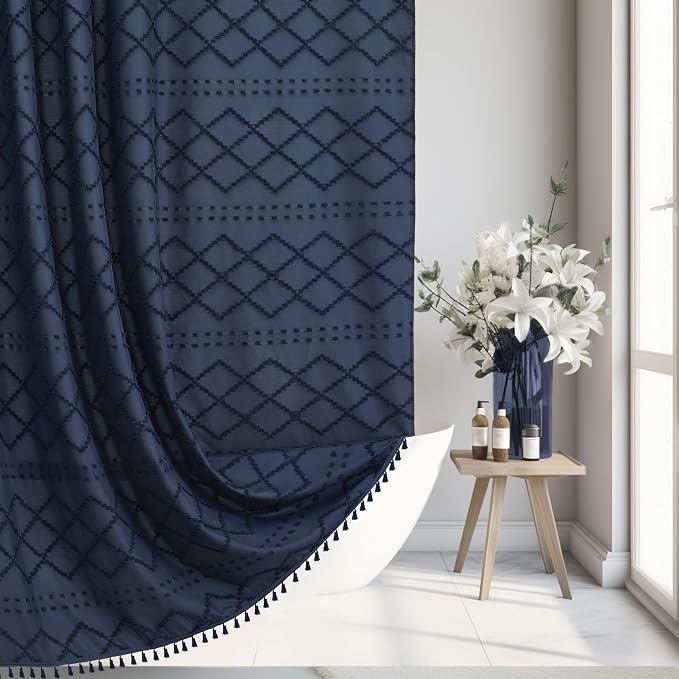 Siiluminisoy Navy Blue Shower Curtain Boho Shower Curtains Fabric, Tufted Chevron Textured Striped Modern Minimalist Cloth Shower Curtain for Bathroom, 72 x 72