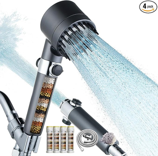 CWPW Filtered Shower Head with Handheld,High Pressure shower heads Filter | ON/OFF Switch,4 Spray,79" Stainless Hose,Remove Chlorine,Built-in Power Wash,For Hard Water, Reduce Dry Skin,Massage Brush