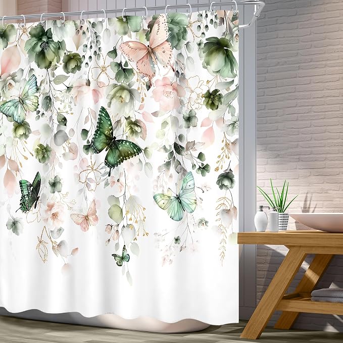 Green Pink Floral Butterfly Spring Summer Bathroom Shower Curtain Set | 72"W x 72"L Plant Natural look, waterproof HD printed shower curtain, quick-dry fabric and free hooks.