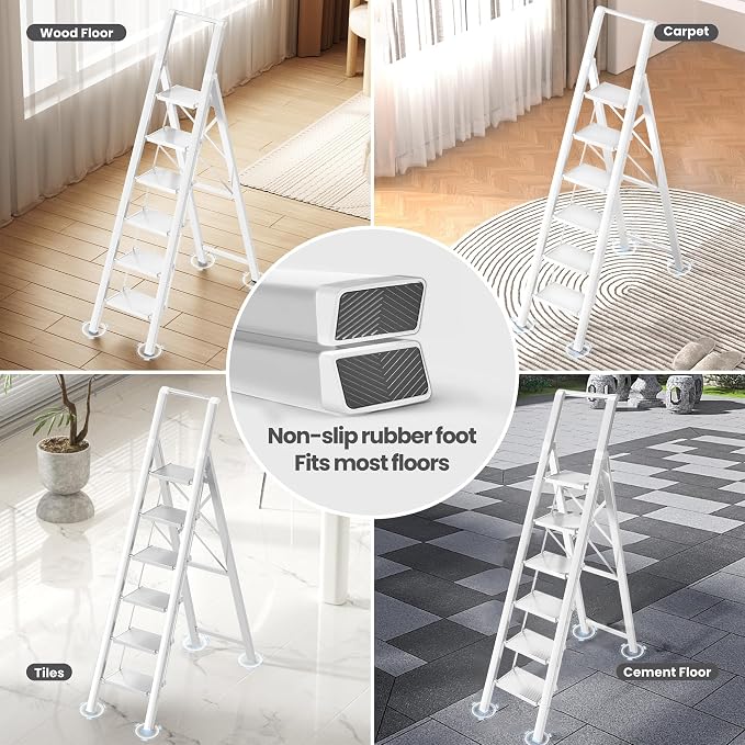 6 Step Ladder, Folding Step Stool, Lightweight Stepladder, White | Reach 12ft;Anti-Slip 7.9'' Wide Pedal;Portable Handrail;Space-Saving;For Kitchen, Home, Library, Office Use;300lbs Capacity