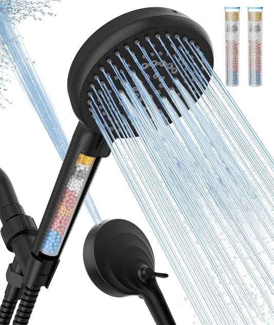 Filtered Shower Head with Handheld, 10 Spray Mode High Pressure Shower Head with Filters, Shower Filter Head for Hard Water, Powerful Spray for Cleaning, 2 Replaceable Filters Included, Black