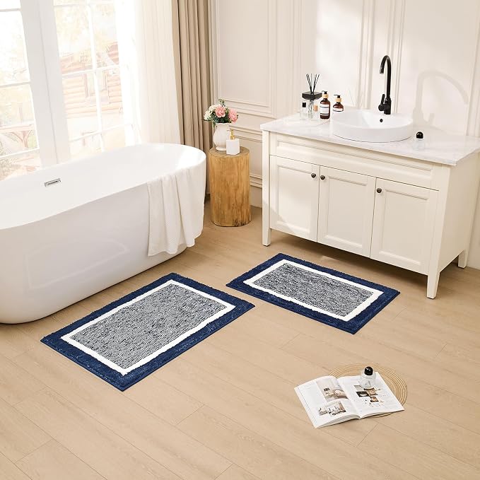 CozeCube Navy Blue Bath Mat 36"x24" Non Slip Washable Rug | For Bathroom Non Slip, Fluffy Absorbent Microfiber Bath Mats Machine Wash, Stylish Large Aesthetic Bathroom Rugs