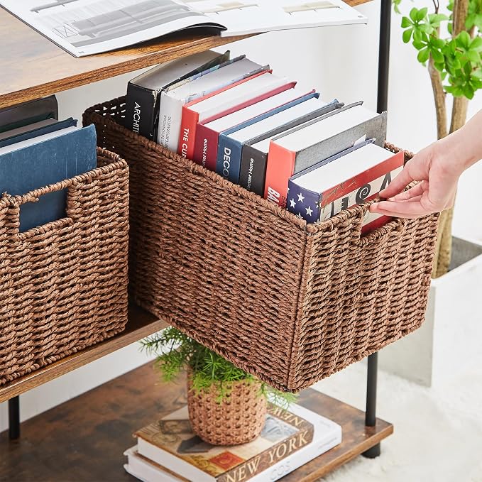 Large Wicker Storage Basket, Set of 2 Baskets for Organizing Brown | Hand-Woven Wicker Small Storage Baskets for Organizing Toilet Paper, Foldable Large Cube Storage Organizer Bins for Shelves