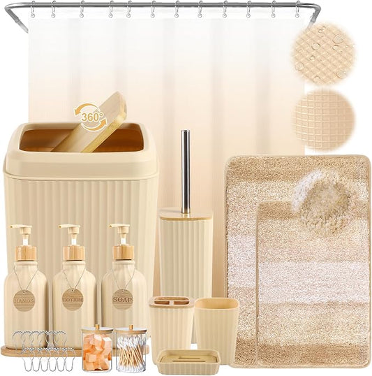 32PCS Bathroom Sets with Shower Curtain and Rugs Beige Bathroom Accessories Set Shower Curtain Set 3PCS Lotion Soap Dispenser Bathroom Accessories with Black Bathroom Decor
