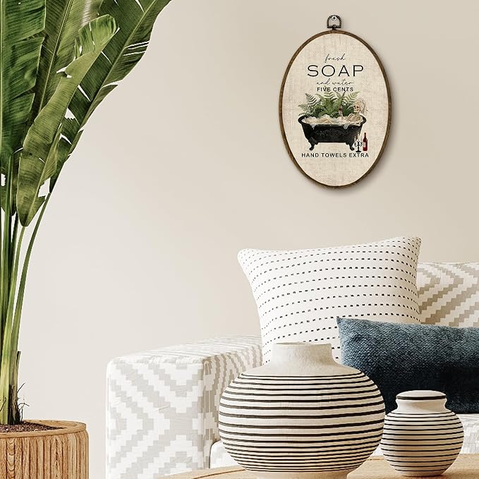 Yjeslw Vintage Skeleton Bathroom Oval Wall Art Decor, Rustic Farmhouse Canvas Prints Framed, Cottagecore Neutral Green Tropical Bathtub Wall Hanging Decor for Bathroom Decor, 8.6x11.4 In