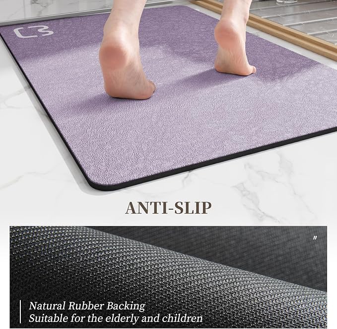 Bathroom Rugs and Mats Set 2 Piece Diatomaceous Earth Bath Mat,Lavender | Non Slip Rubber Backed Quick Dry Bathroom Rugs Super Absorbent Low Pile Diatomite Stone Bathroom Mat Fit Under Door Floors