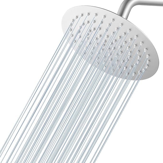 Brushed Nickel Round Rainfall Shower Head, All Metal Stainless Steel Rain Shower Heads with 90 Anti-Clog Silicone Nozzles, Wall or Ceiling Mount, 8 inch