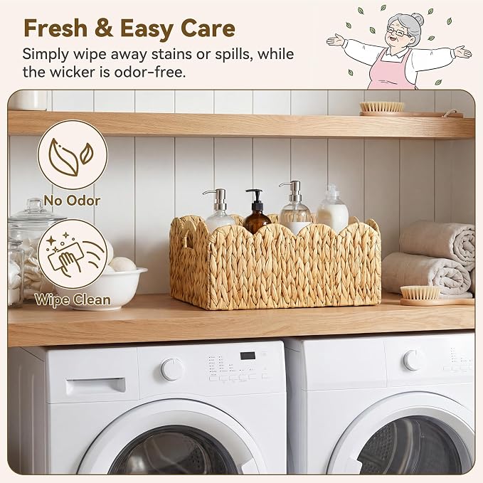 GRANNY SAYS Wicker Basket for Organizing, Shelf Baskets with Scalloped Edge | Scalloped Water Hyacinth Basket, Storage Wicker Basket for Pantry, Water Hyacinth Baskets with Scalloped Edge, Woven Baskets