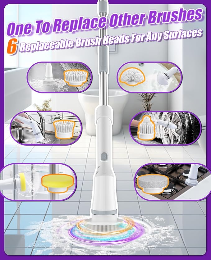 6-in-1 Cordless Electric Spin Scrubber with Long Handle | Power scrubber, bathroom scrubber, 47.2 in long handle, 2 speed scrub brush, IPX7 rated body, kitchen, tile, tub, floor