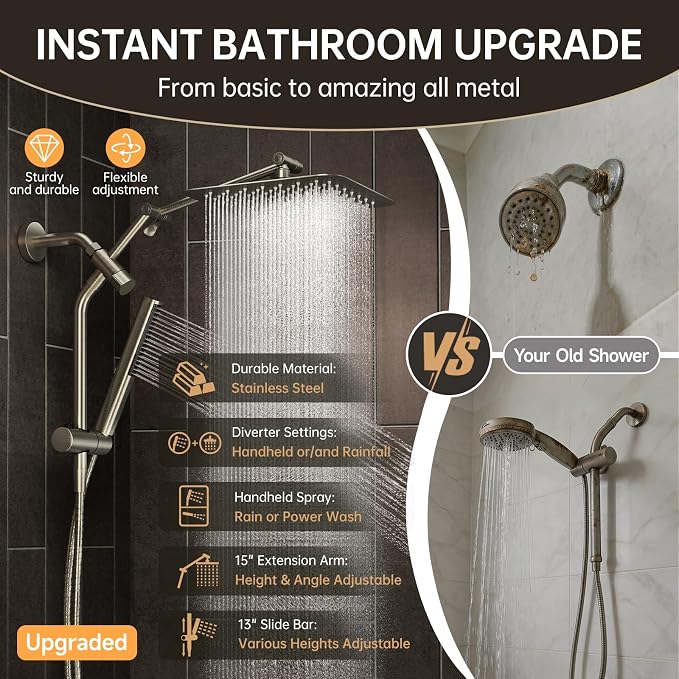 Veken All Metal 10" Luxurious Brushed Nickel Rain Shower Head with Handheld | Dual High Pressure Shower Heads, Power-wash Hand Held with Hose,Double Detachable Showerhead,Square Rainfall,Bathroom Upgrade