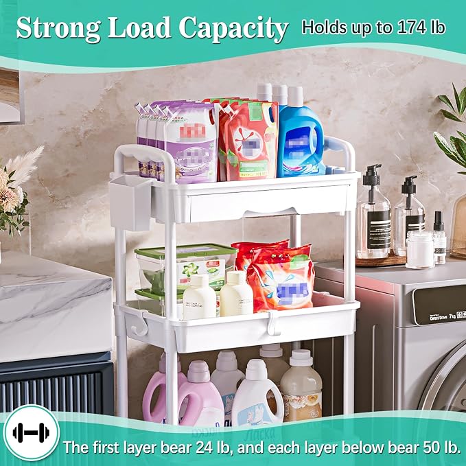 SUNALLY 4 Tier Rolling Cart with Drawer, Craft Storage Cart Organizer,White | Bathroom Storage Organizer with 2 Lockable Wheels, Rolling Utility Cart for Kitchen, Office, Baby, Makeup, Nail,Snack,Laundry