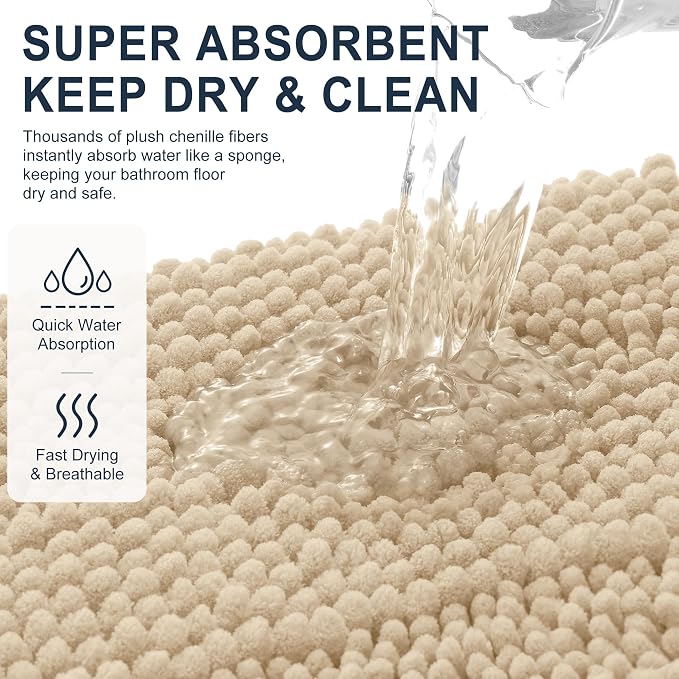 Smiry Thick Chenille Large Bathroom Runner Rugs 45x27, Soft Bath Mat, Beige | Quick‑Dry & Machine Washable, Non‑Slip Bath Carpet, Striped Bath Rugs for Tub & Shower, Modern Home Decor Accessories