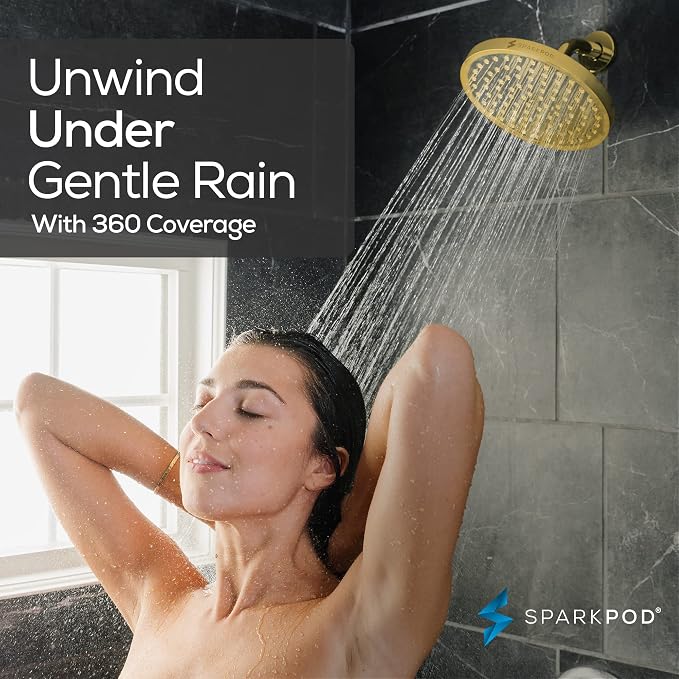 SparkPod Rain Shower Head, 8 Inch Round, Egyptian Gold Finish | High Pressure Shower Heads, 90 Nozzles, Adjustable Showerhead, No Tools Needed, Universal Connection